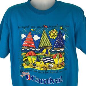 Vintage 90s Carnival Cruise Line T Shirt Sailing Ship Beach Blue Mens L Large